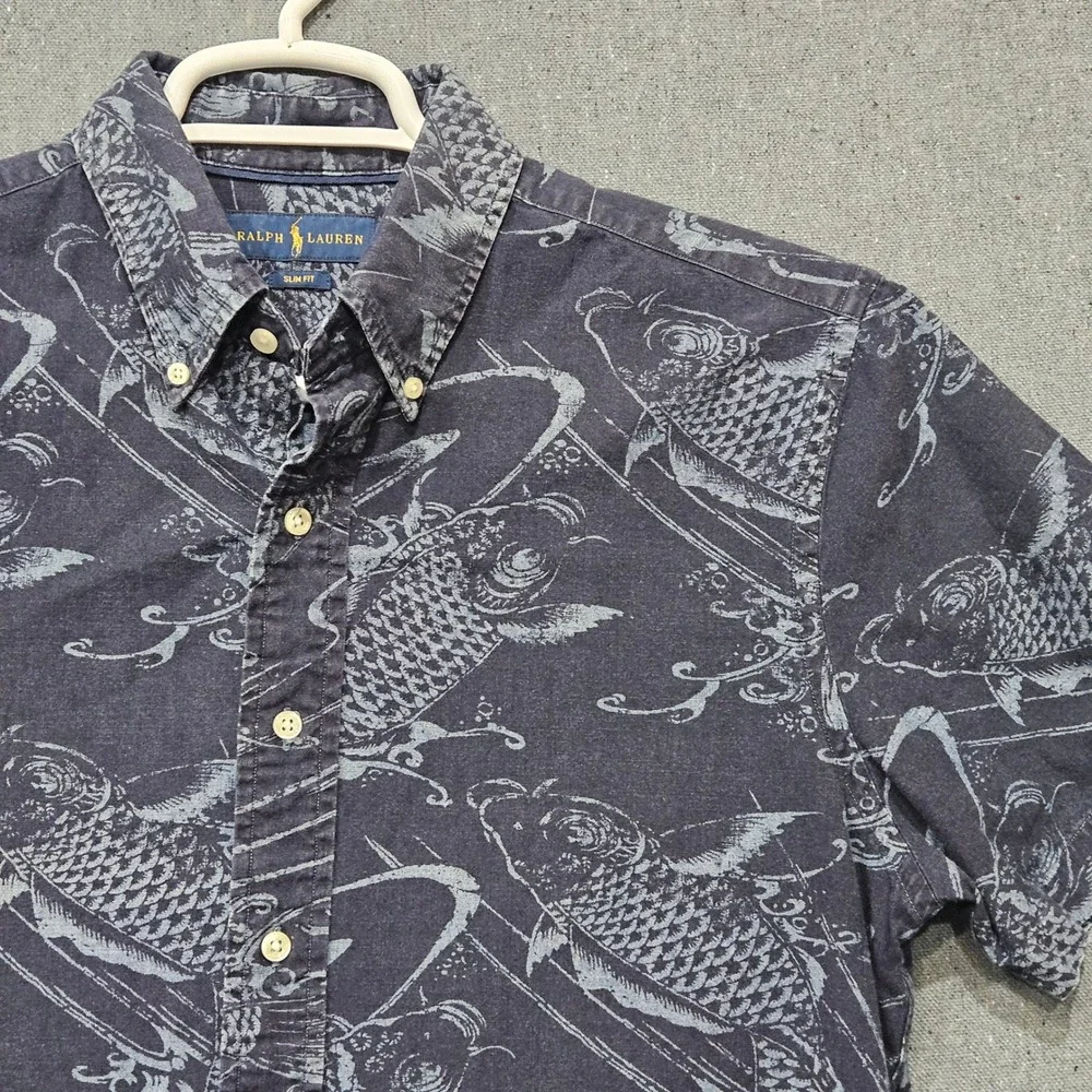 Polo Ralph Lauren Mens Slim Fit Koi Fish Print Short Sleeve Button Down Shirt L